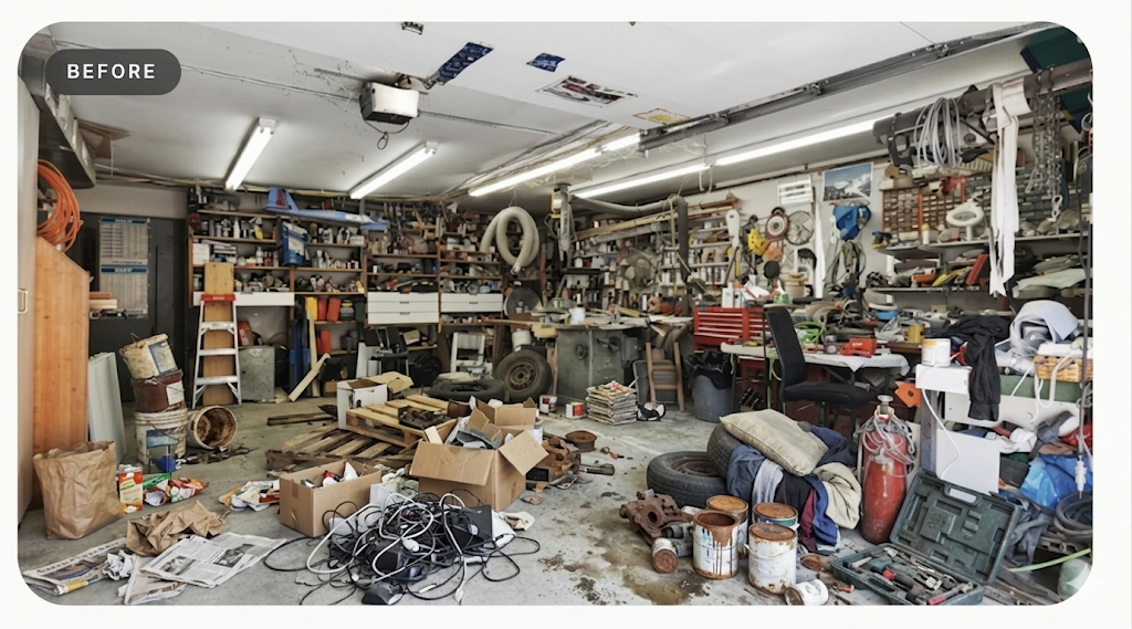 Extremely cluttered garage packed with junk — before ClearHaul cleanout